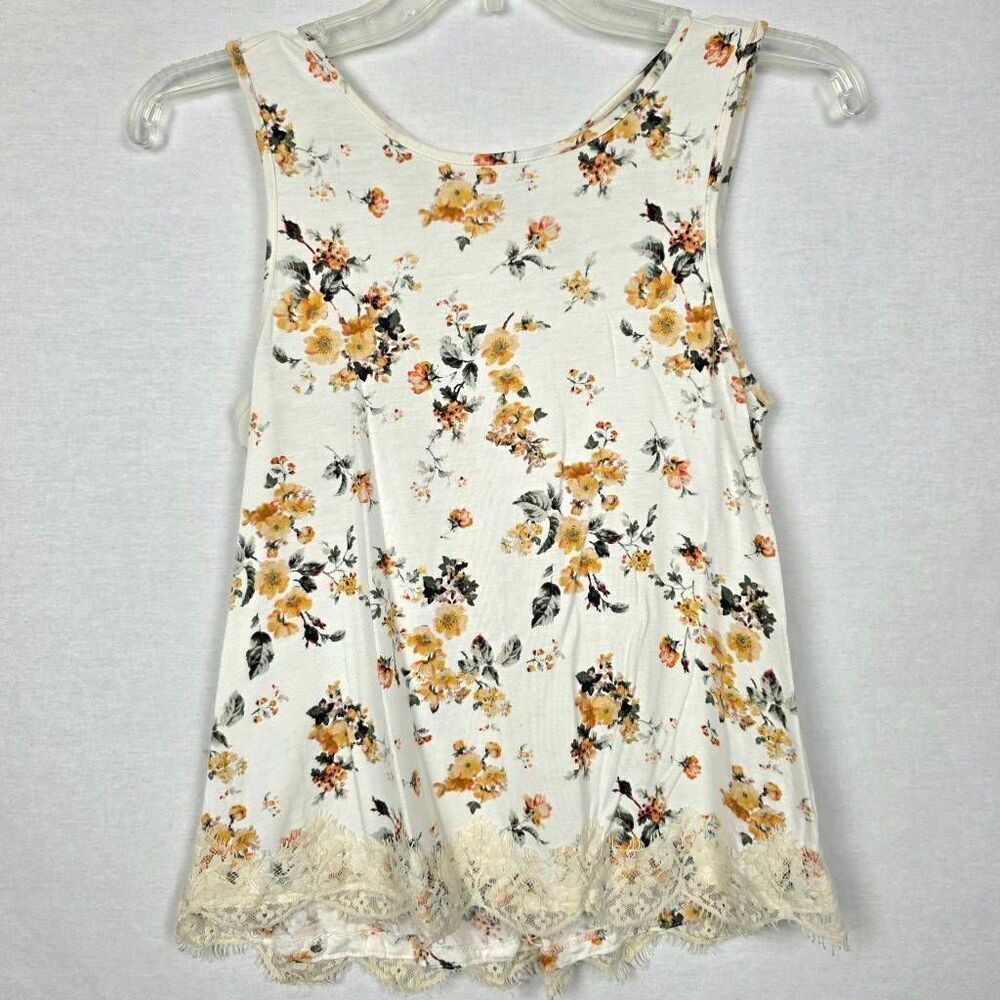 Rewind S Floral Lace Hem Tank Top Ivory Yellow Flowers